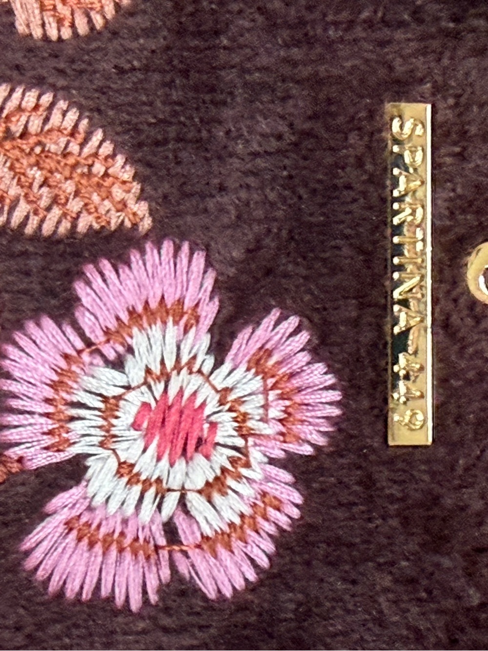 Spartina 449 Brown Velvet Embroidered Floral Zip Clutch Pouch Evening Bag - Picture 3 of 5